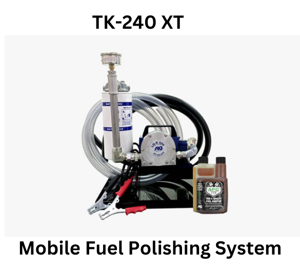 TK-240 XT Mobile Fuel Polishing System with hoses, clamps, and fuel additive bottle